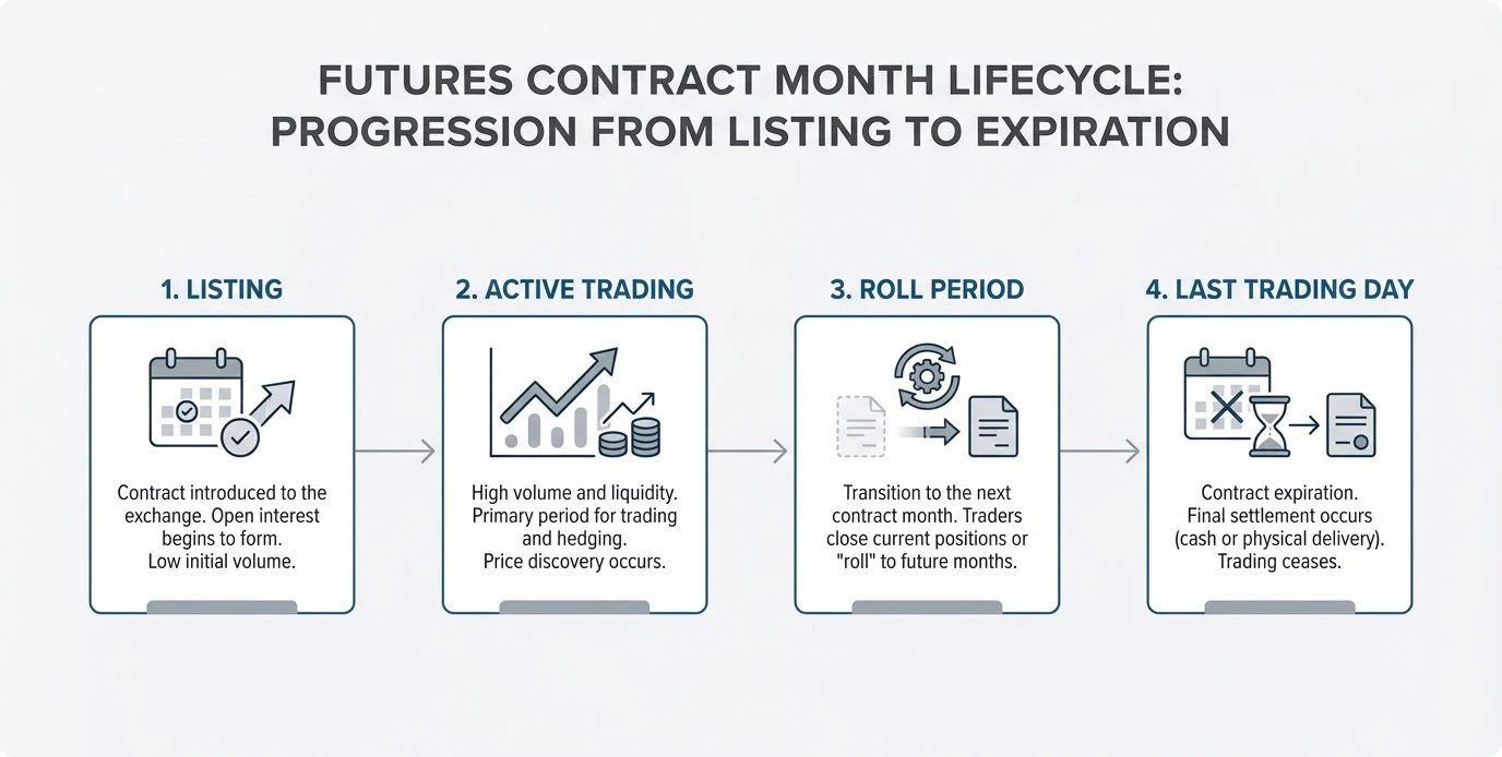Futures-Contrract-Lifecycle Timeline graphic showing the futures contract month lifecycle from listing and active trading through the roll period and last trading day.