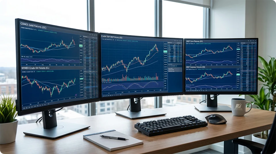 Multiple computer monitors displaying futures market charts including gold, crude oil, stock index and agricultural futures