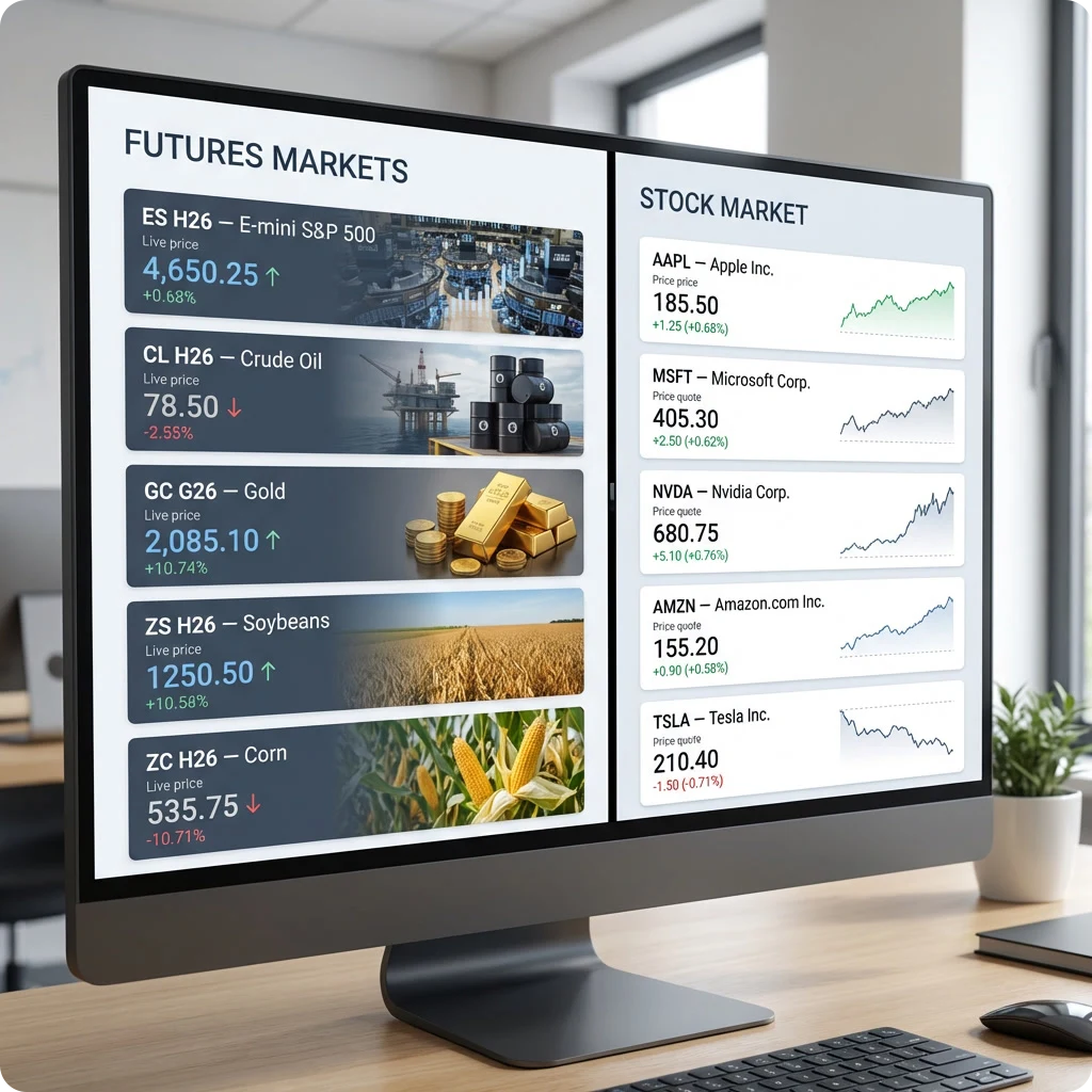 Side-by-side comparison of futures contract markets including ES, CL, GC and agricultural futures versus stock market ticker symbols