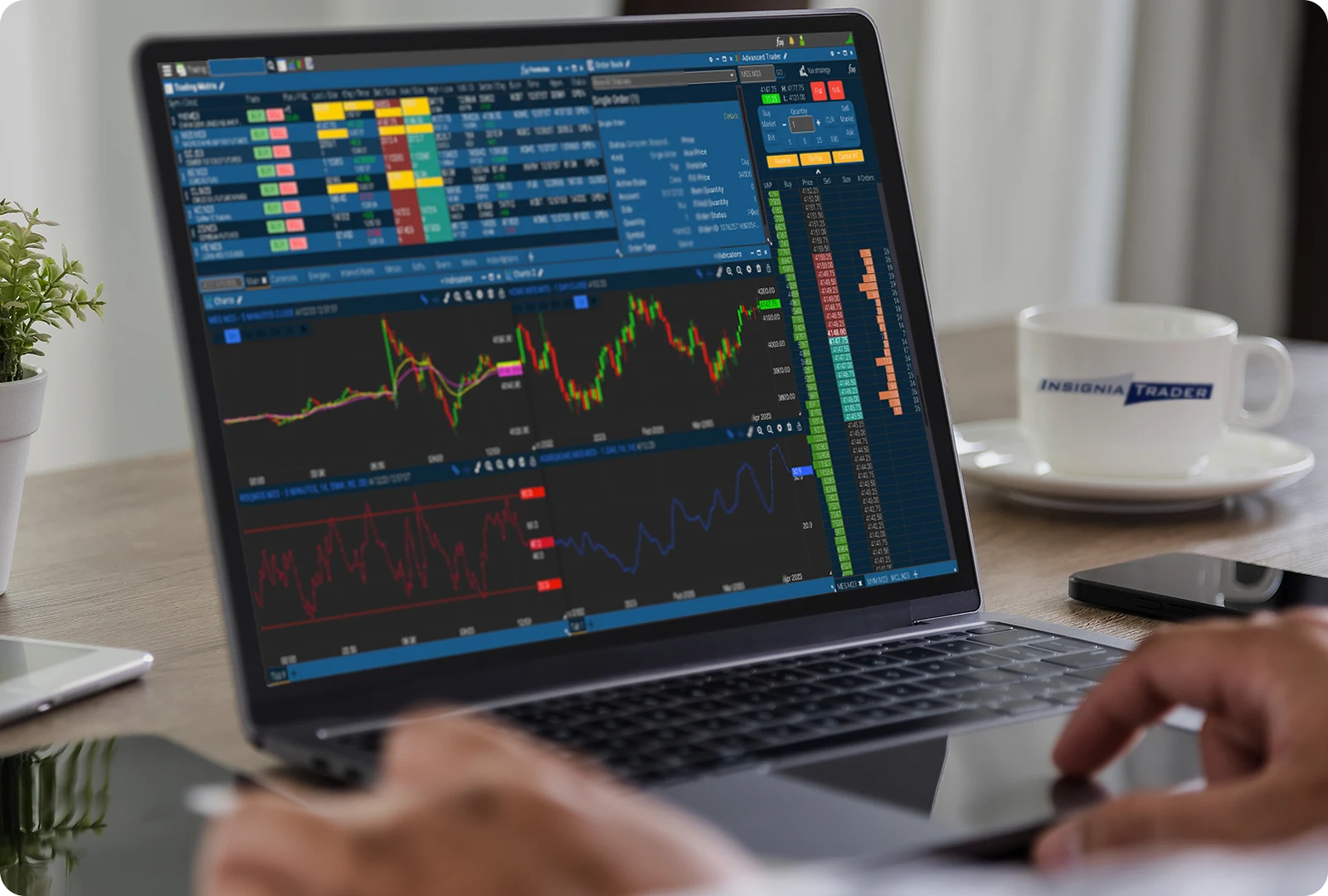 Futures trading platform displayed on laptop with charts and market data.